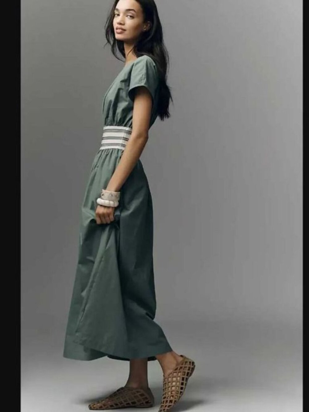 New MP Anthropologie waisted short-sleeve A-line midi dress Duck Green M Petite - Picture 2 of 12